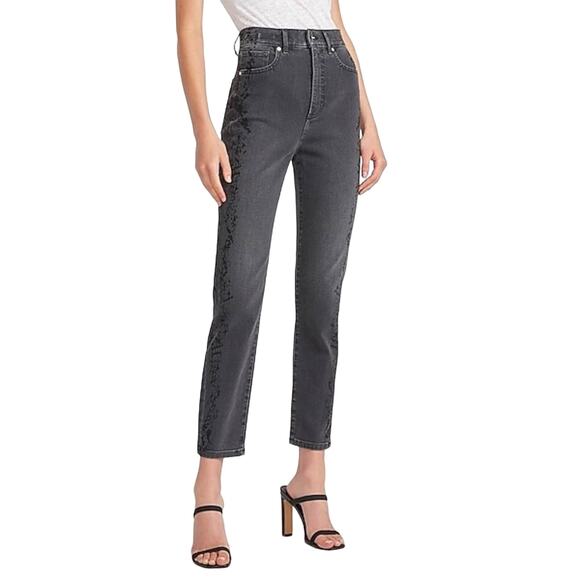 Express Super High Waisted Black Tonal Snakeskin Print Slim Ankle Jeans NWT - Picture 1 of 11